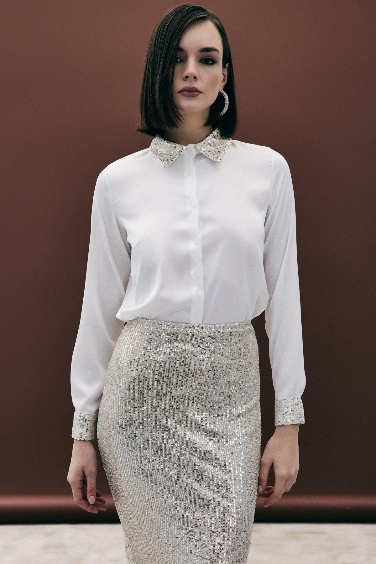 Wholesale Women's Gold Satin Shirt with Sequin-Embellished Collar and Cuffs 0033-1281-2524