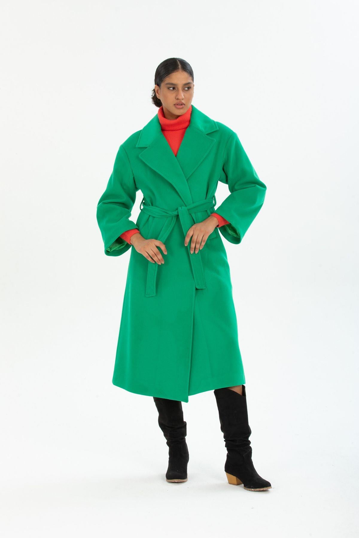 Wholesale Women's Grass Green Oversized Long Belted Lined Coat