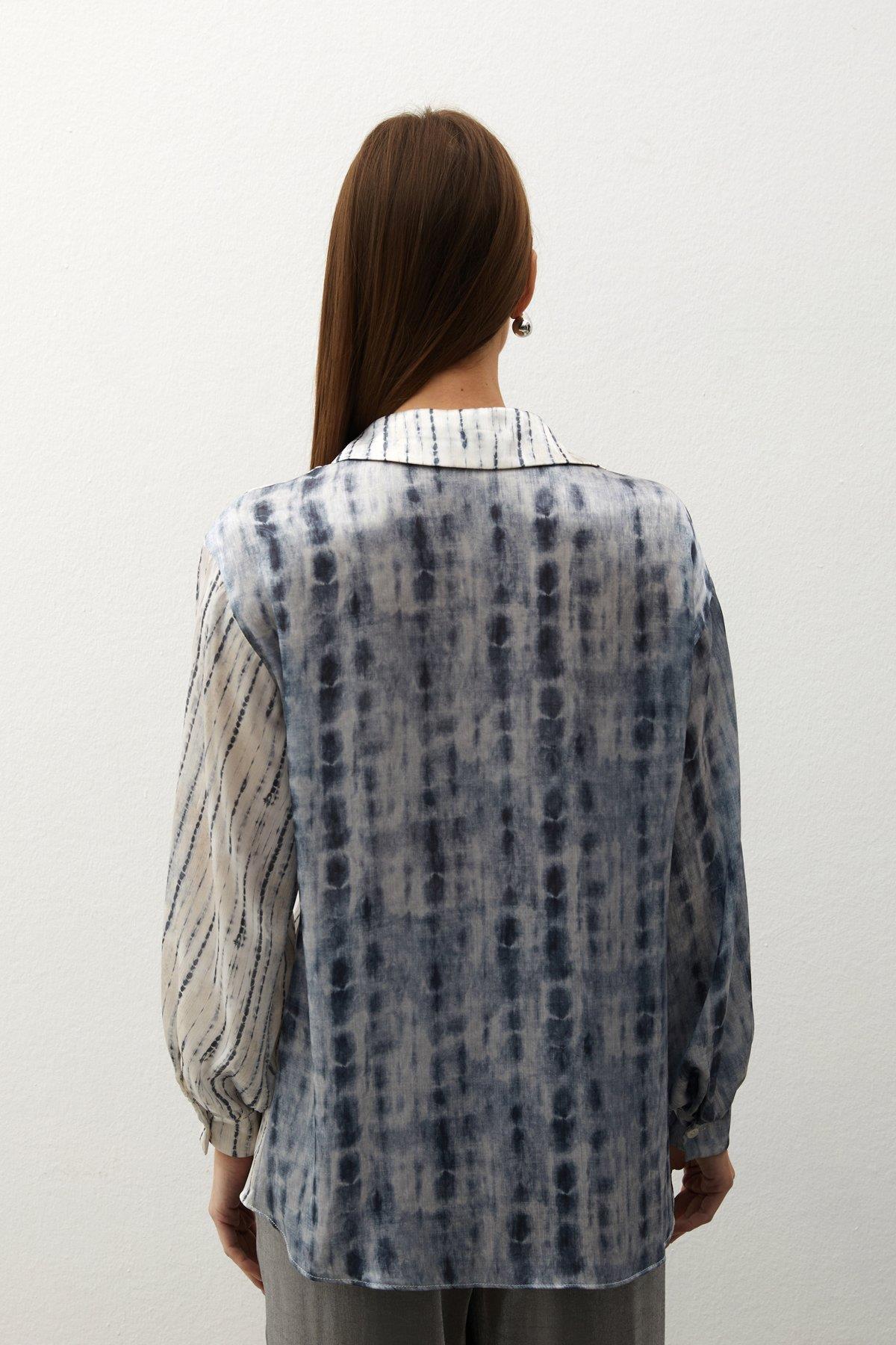 Wholesale Women's Gray Balloon-Sleeve Patterned Shirt 0033-1468-2058