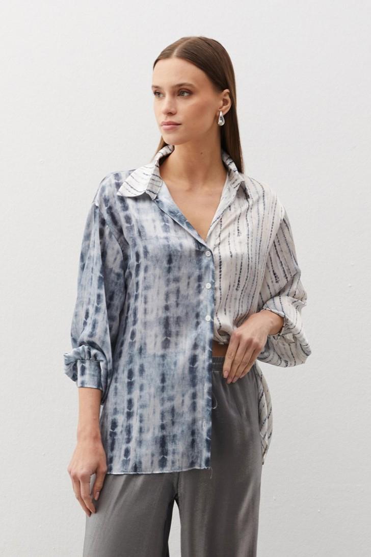 Wholesale Women's Gray Balloon-Sleeve Patterned Shirt 0033-1468-2058