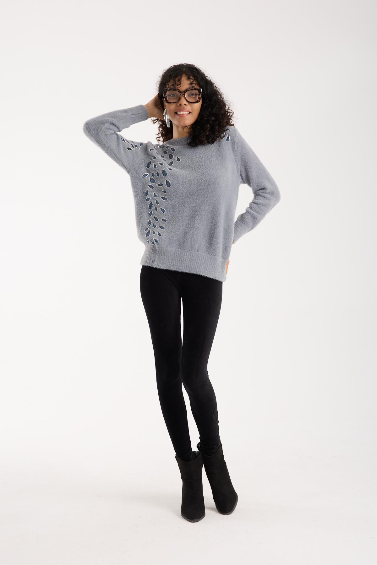 Wholesale Women's Gray Crew-Neck Knit Sweater with Beaded Embroidery 0095W26-11609