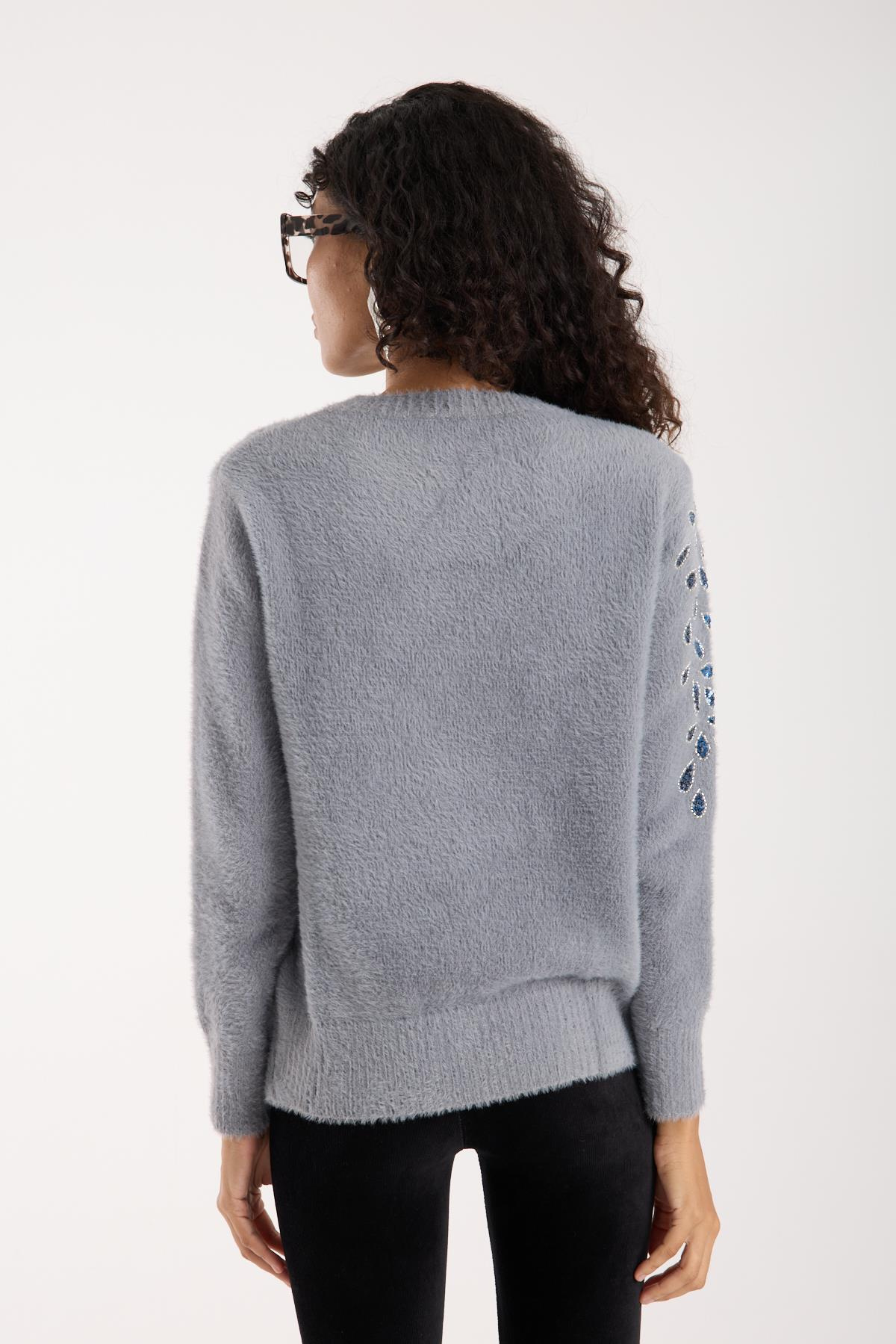 Wholesale Women's Gray Crew-Neck Knit Sweater with Beaded Embroidery 0095W26-11609