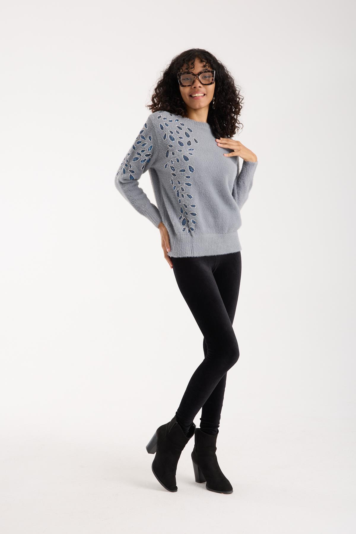 Wholesale Women's Gray Crew-Neck Knit Sweater with Beaded Embroidery 0095W26-11609