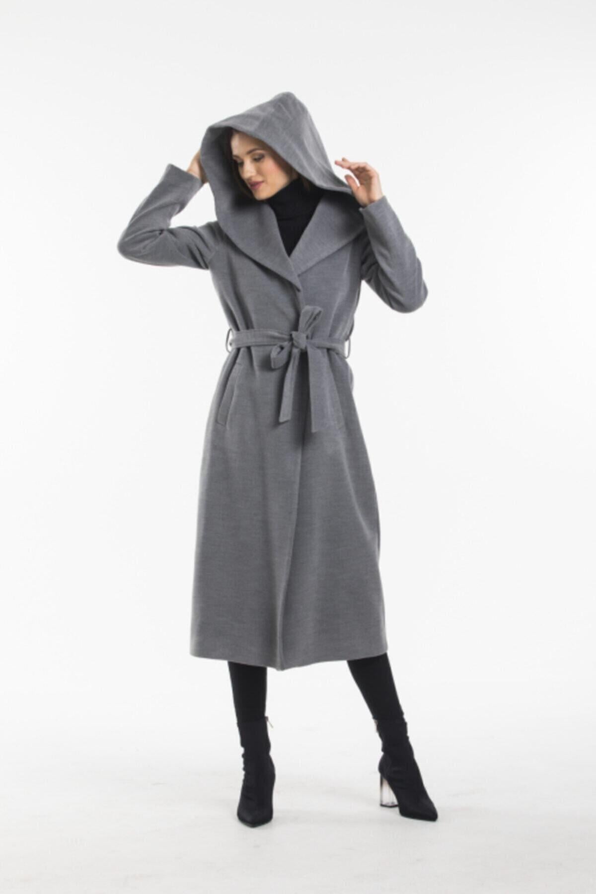 Wholesale Women's Gray Hooded Long Wool Coat