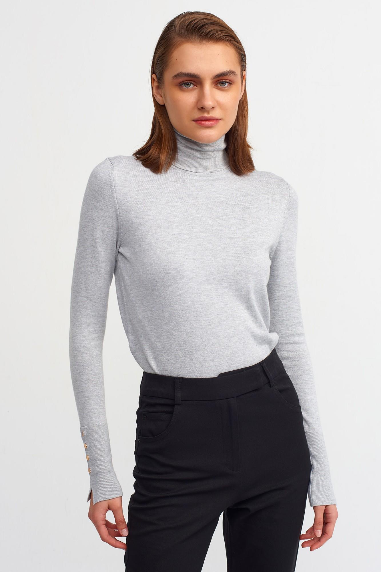 Wholesale Women's Gray Melange Turtleneck Knit Sweater with Snap-Button Wide Cuffs 0431-1268