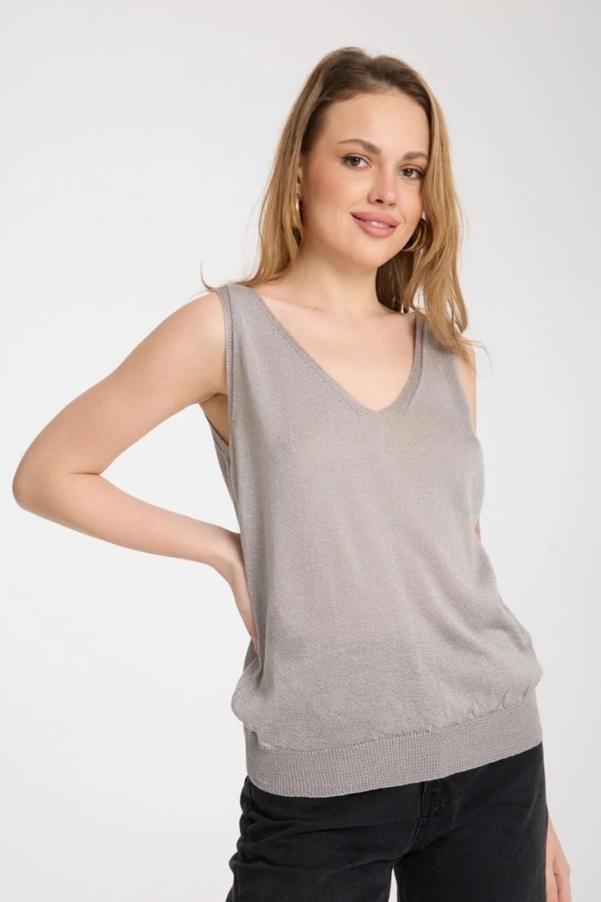 Wholesale Women's Gray Mercerized Knit Top with Front and Back V-Neck 0037-3360