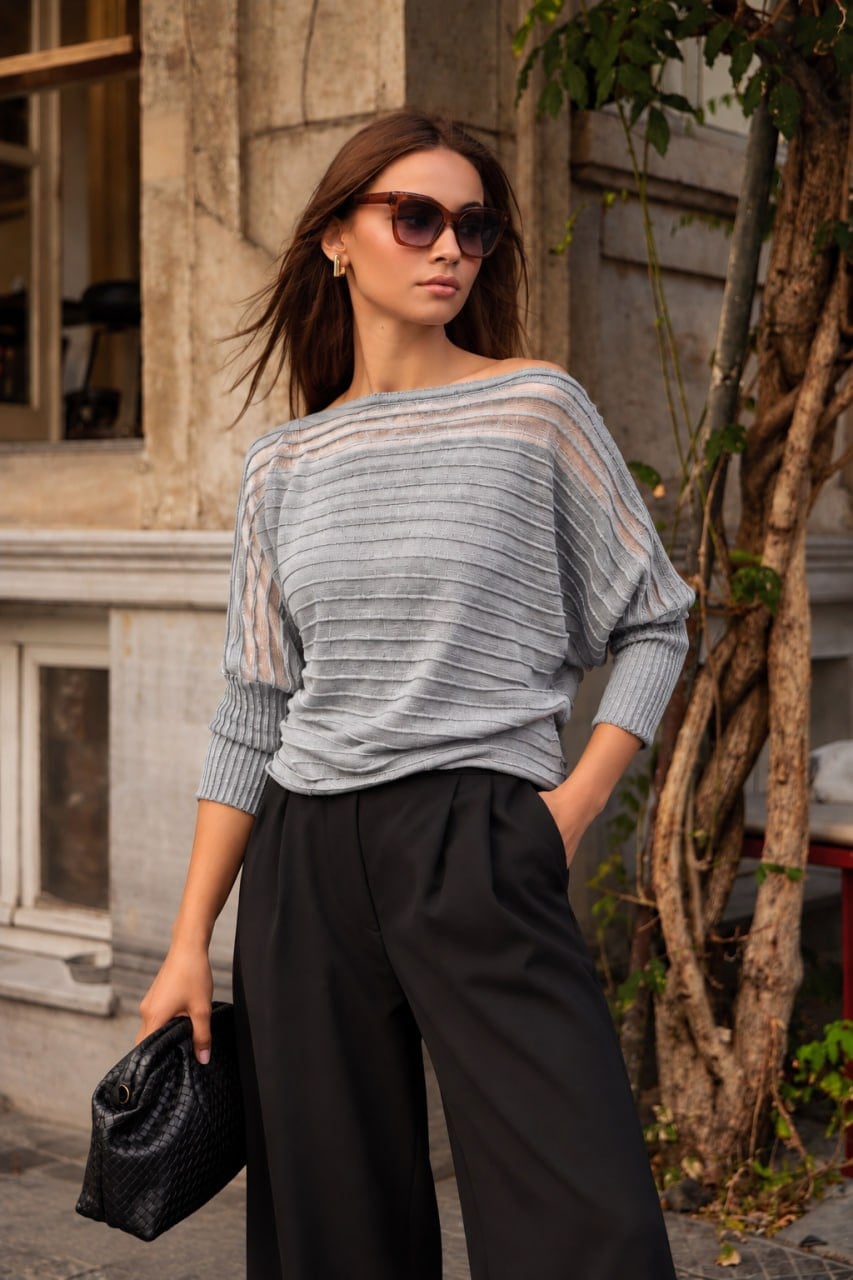 Wholesale Women's Gray Pleated-Texture Mercerized Knit Sweater with Sheer Yoke 0037-3711