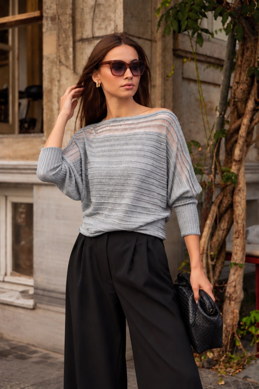 Wholesale Women's Gray Pleated-Texture Mercerized Knit Sweater with Sheer Yoke 0037-3711