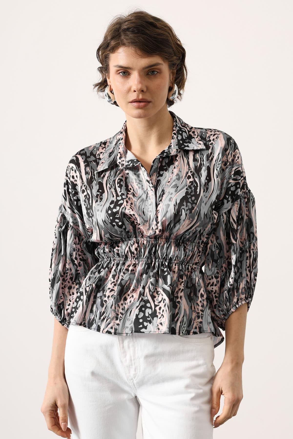 Wholesale Women's Gray Satin Shirt with Gathered Elastic Waist and Half Placket 0061-4887