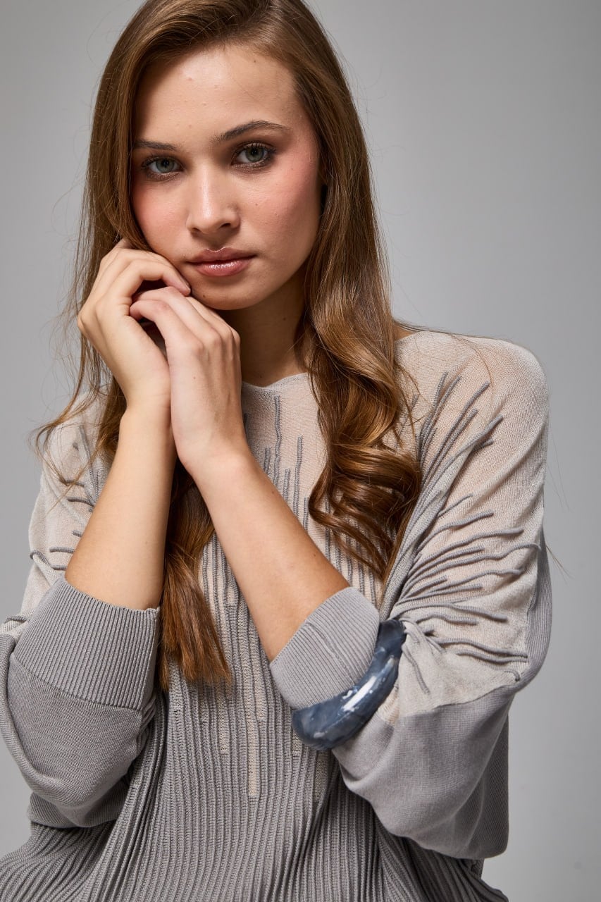 Wholesale Women's Gray Sheer Mercerized Fine Knit Blouse with Boat Neck and Long Sleeves 0037-3553