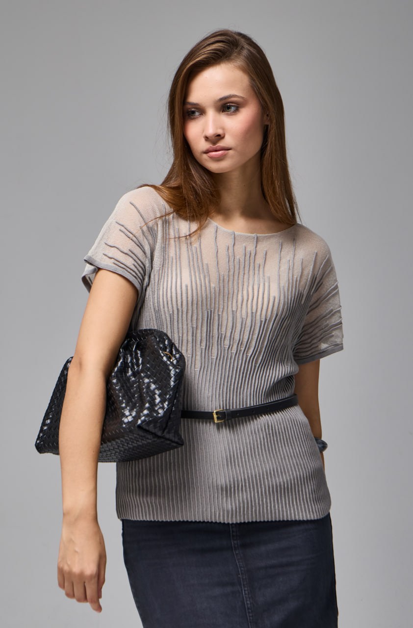 Wholesale Women's Gray Sheer Mercerized Fine Knit Blouse with Boat Neck and Short Sleeves 0037-3625
