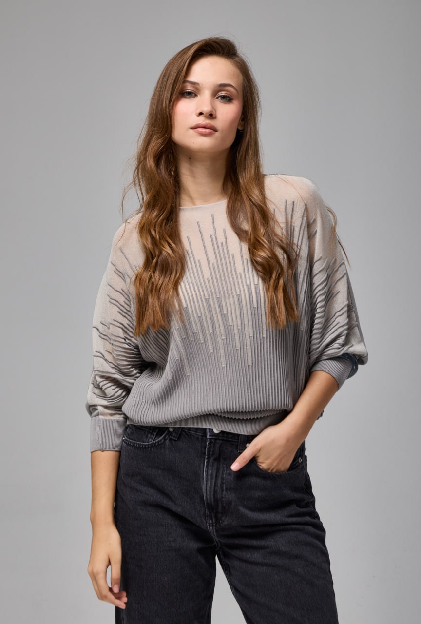 Wholesale Women's Gray Sheer Mercerized Fine Knit Blouse with Boat Neck and Long Sleeves 0037-3553