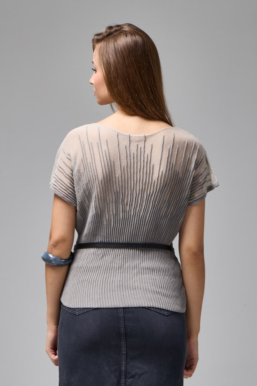 Wholesale Women's Gray Sheer Mercerized Fine Knit Blouse with Boat Neck and Short Sleeves 0037-3625