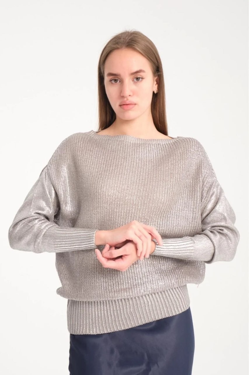 Wholesale Women's Gray Shimmering Foil Knit Sweater with Wide Cuffs 0037-3523