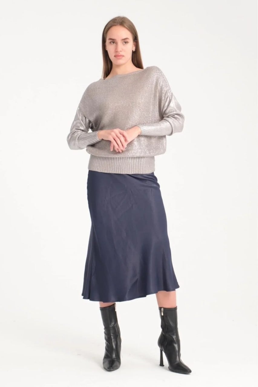 Wholesale Women's Gray Shimmering Foil Knit Sweater with Wide Cuffs 0037-3523