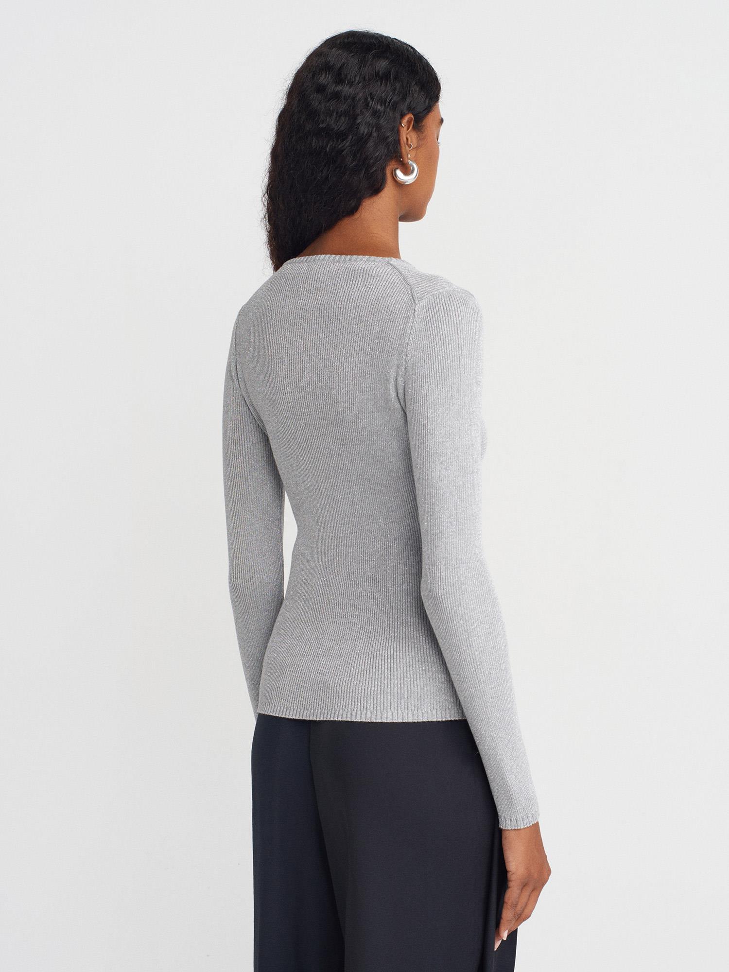 Wholesale Women's Gray V-Neck Lurex Knit Sweater 0431W26-10803