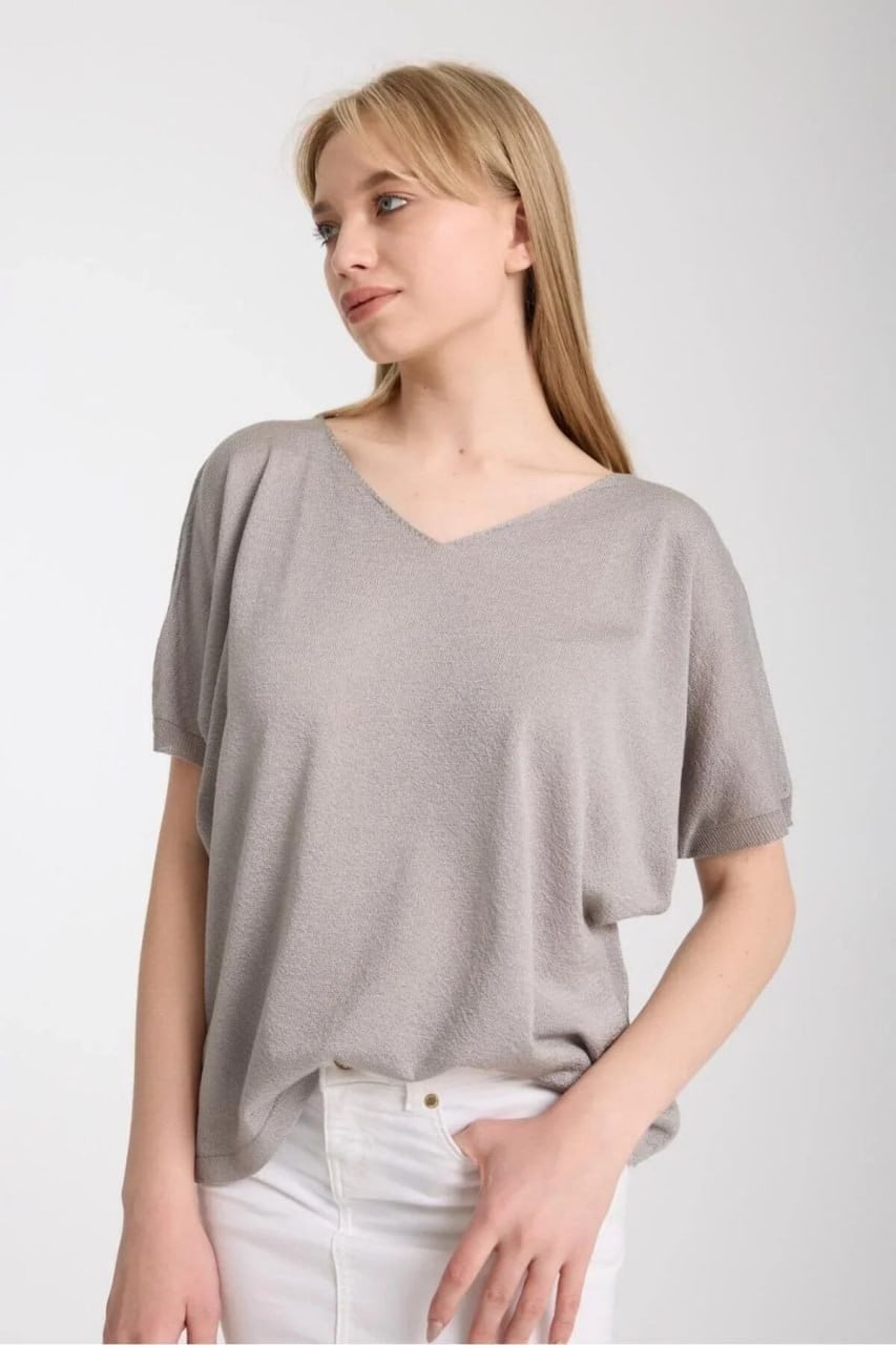 Wholesale Women's Gray V-Neck Mercerized Knit Sweater with Short Sleeves 0037-3347
