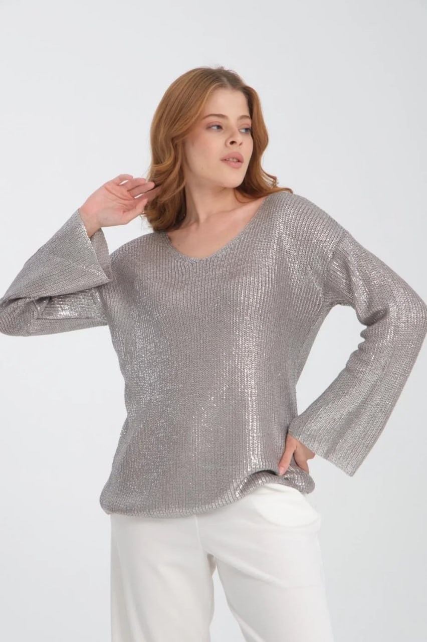 Wholesale Women's Gray V-Neck Shimmering Foil Knit Sweater  0037-3524
