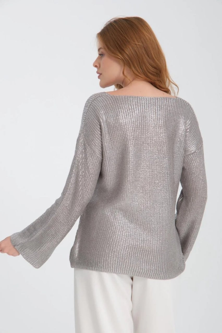 Wholesale Women's Gray V-Neck Shimmering Foil Knit Sweater  0037-3524