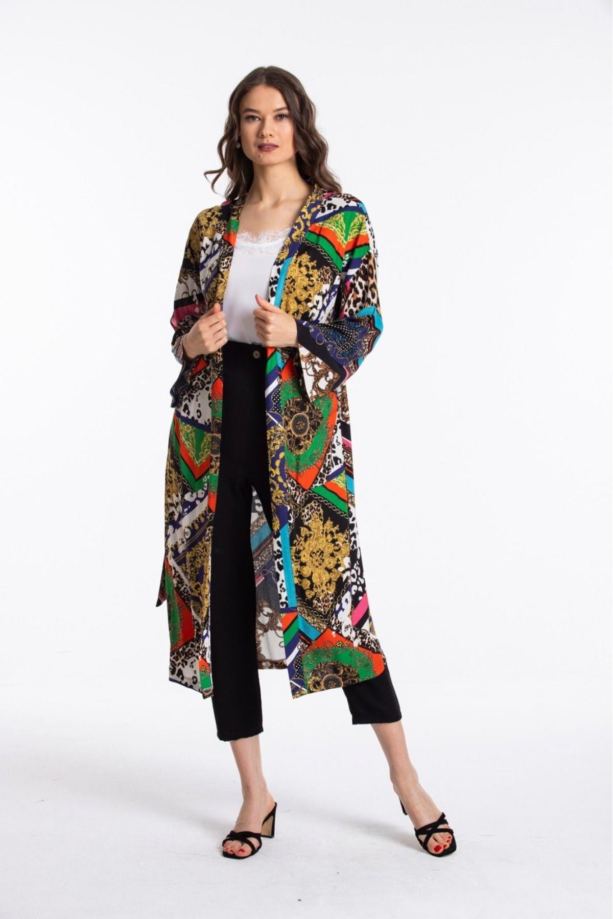 Wholesale Women's Green Black Mixed Pattern Summer Kimono
