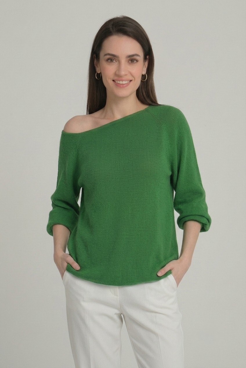 Wholesale Women's Green Boat-Neck Mercerized Knit Sweater with Raglan Sleeves 0037-3322