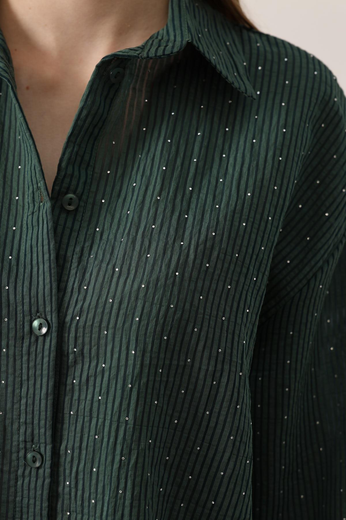 Wholesale Women's Green Chiffon Shirt with Rhinestone Embellishment 0061-34421