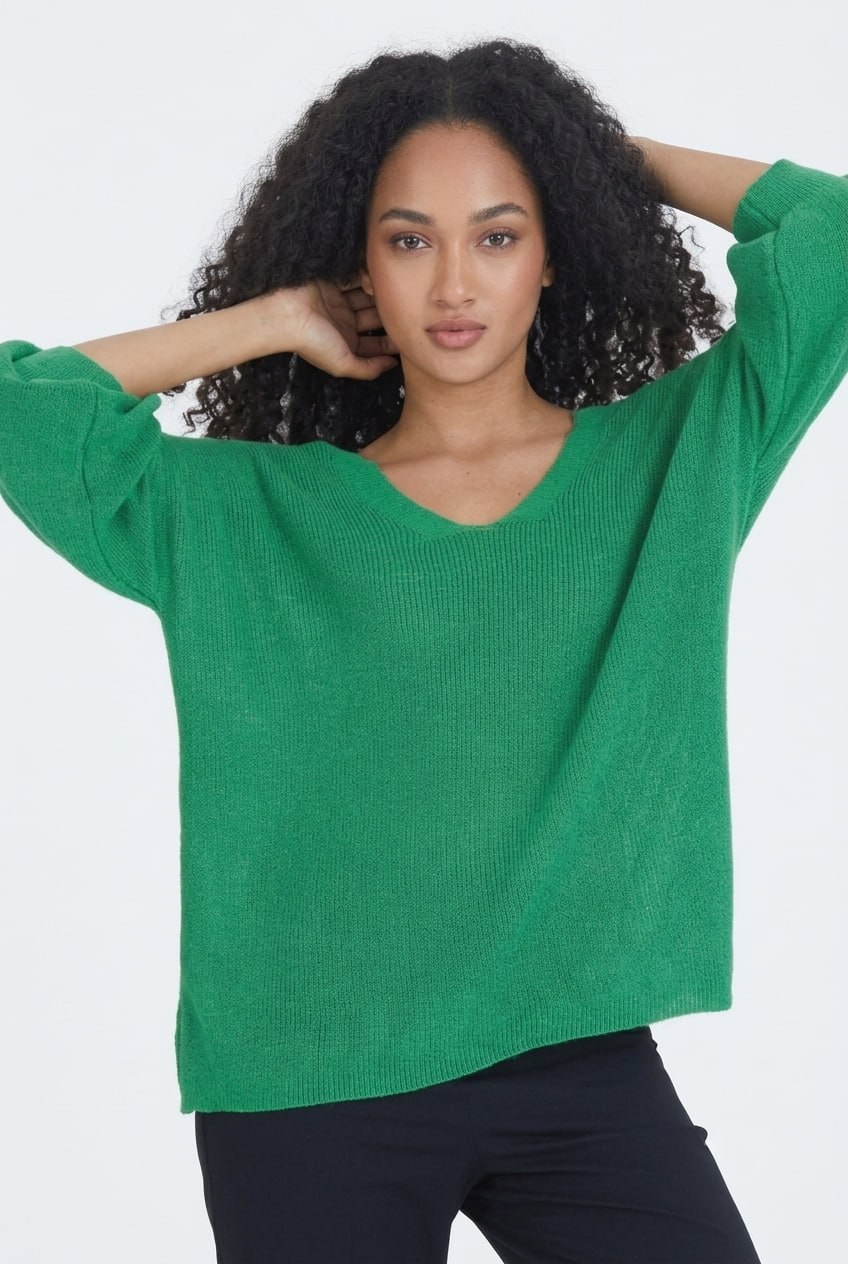 Wholesale Women's Green Relaxed-Fit Mercerized Knit Sweater with Front and Back V-Neck 0037-3276
