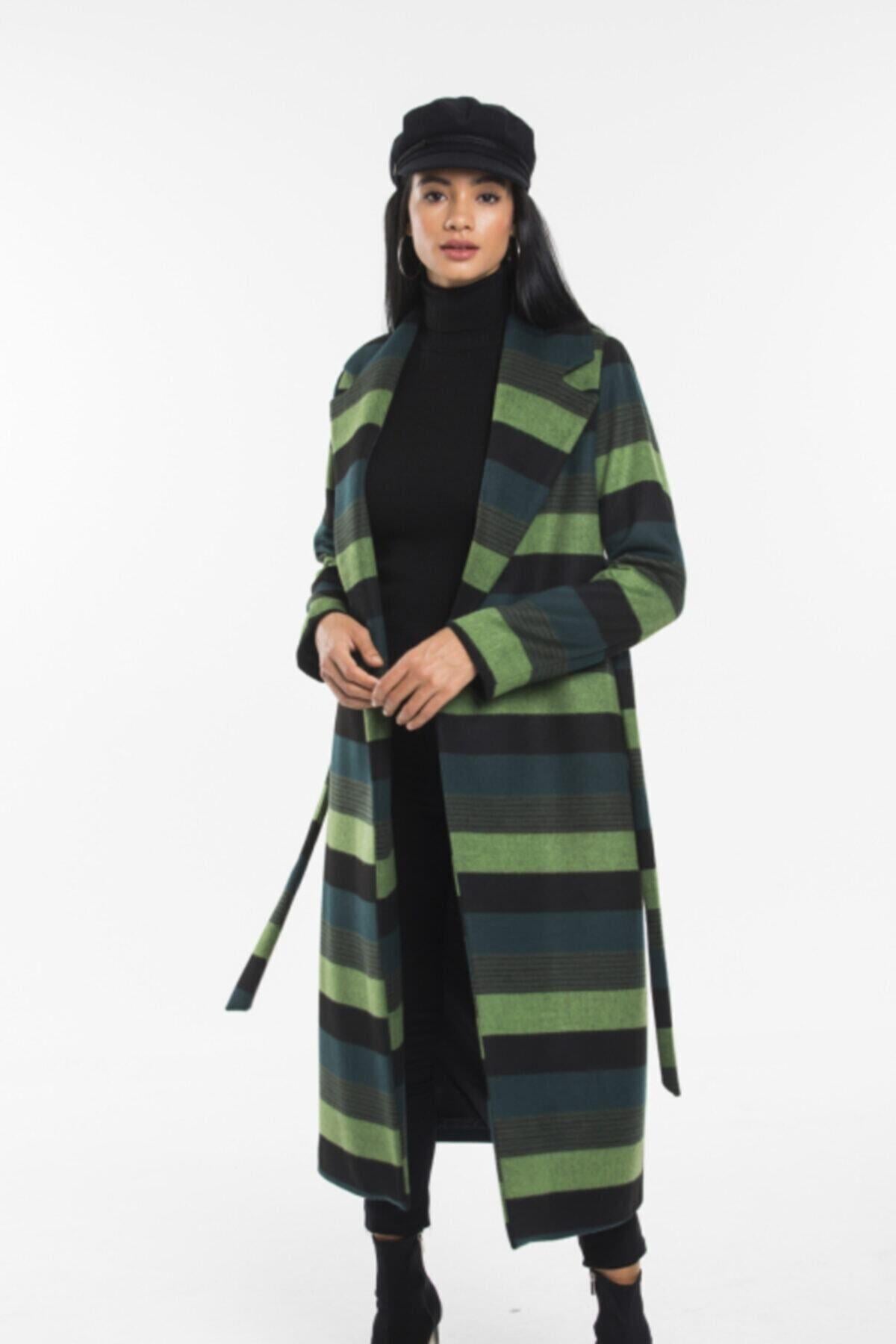 Wholesale Women's Green Striped Belted Long Coat