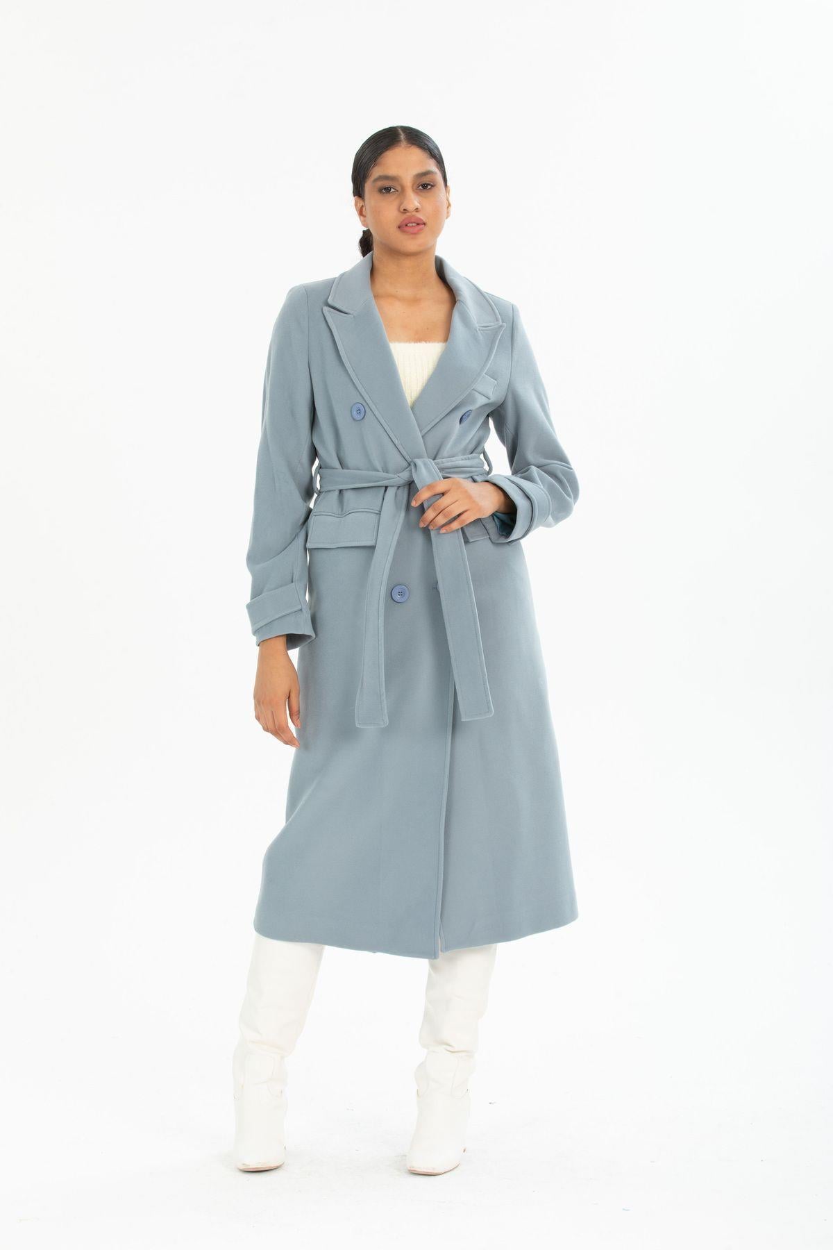 Wholesale Women's Greyish Blue Wool Belted Notched Collar Lined Coat