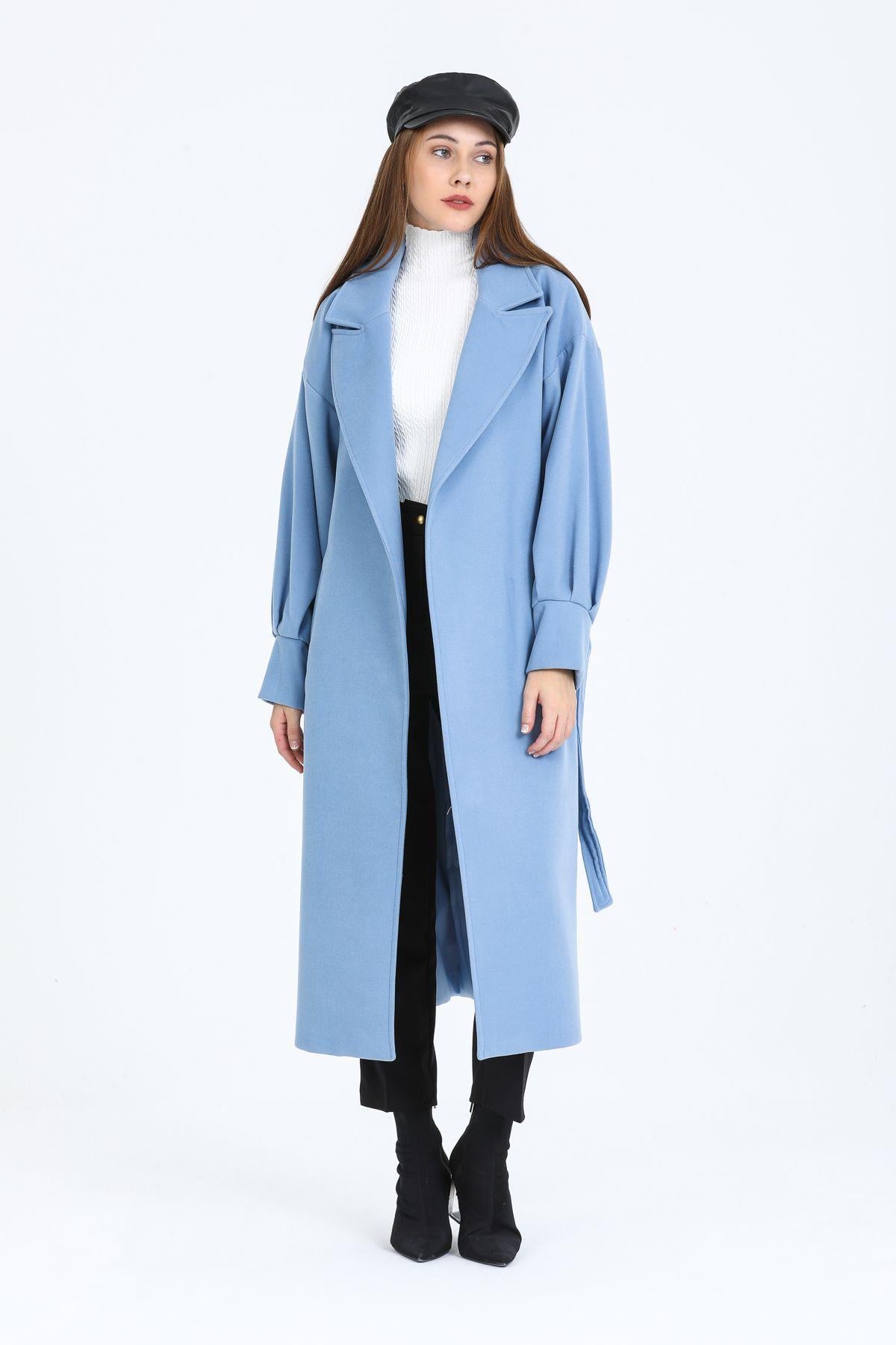 Wholesale Women's Indigo Balloon Sleeve Lined Long Coat 70616