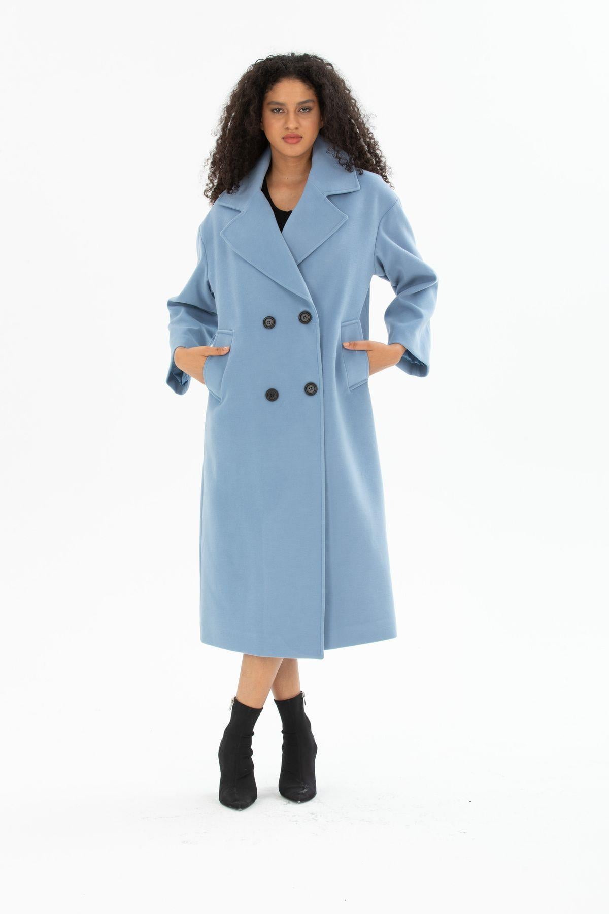 Wholesale Women's Indigo Blue Buttoned Pocketed Oversized Lined Coat (Duplicate, corrected)