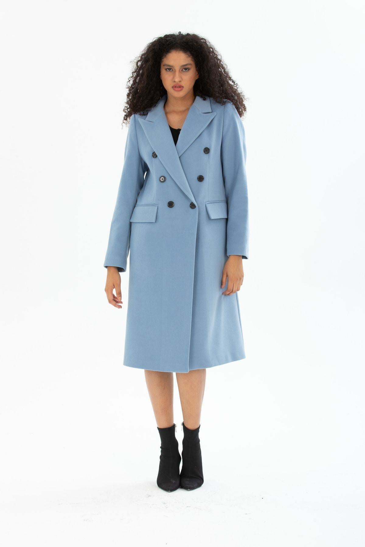 Wholesale Women's Indigo Blue Notched Collar Midi Black Buttoned Lined Coat