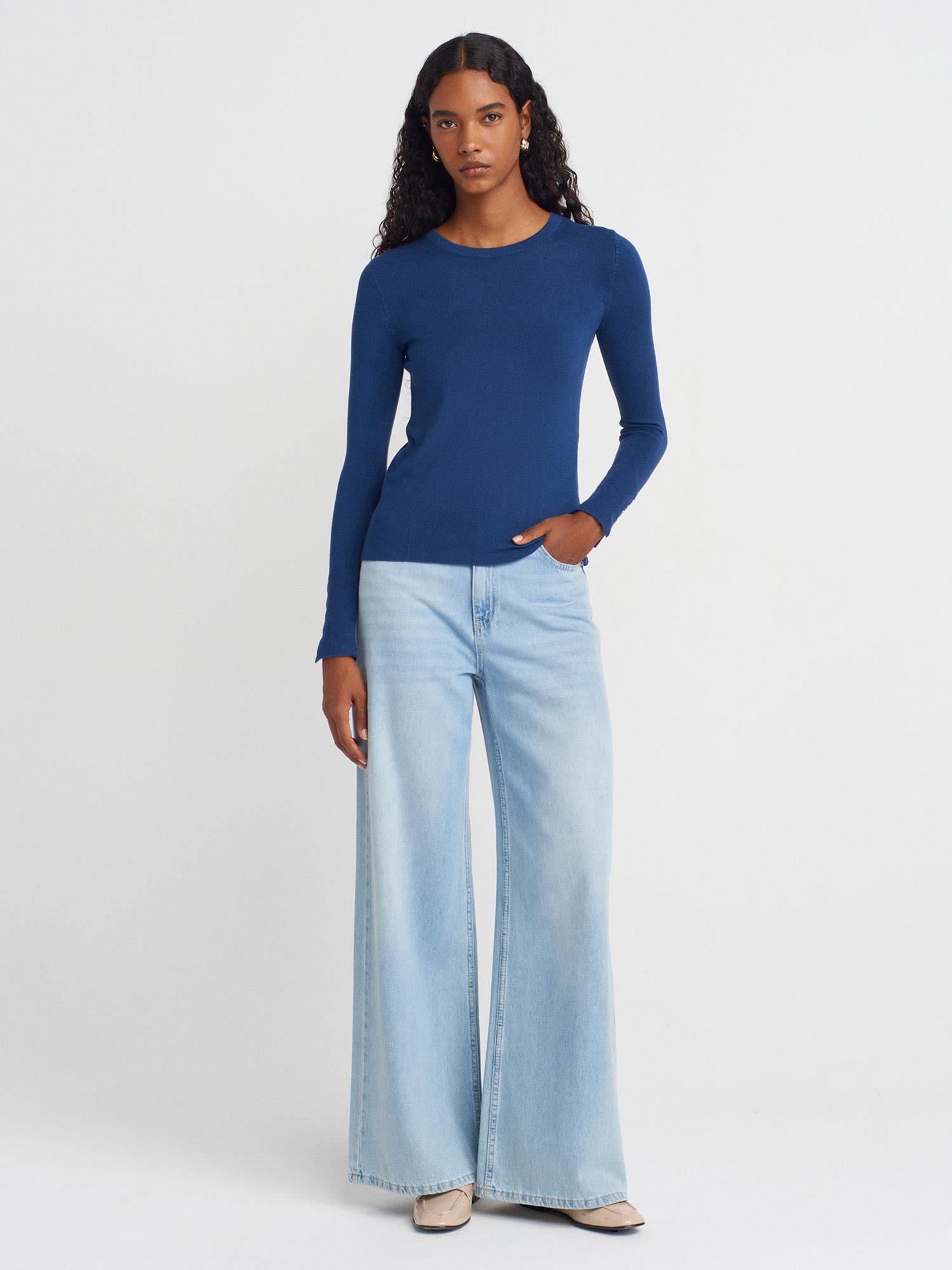 Wholesale Women's Indigo Crew-Neck Knit Blouse with Snap-Button Wide Cuffs 0431W26-1267