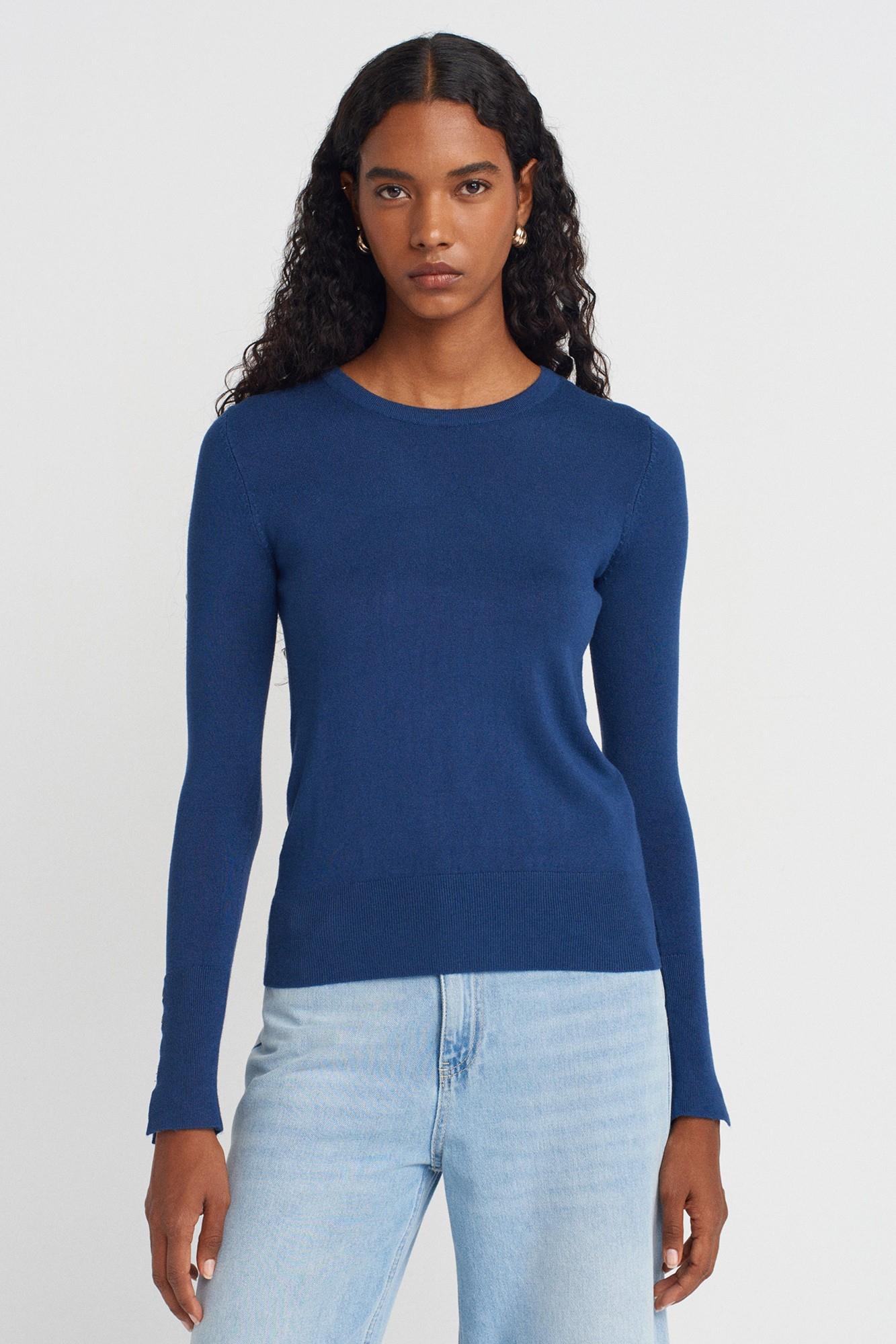 Wholesale Women's Indigo Crew-Neck Knit Blouse with Snap-Button Wide Cuffs 0431W26-1267