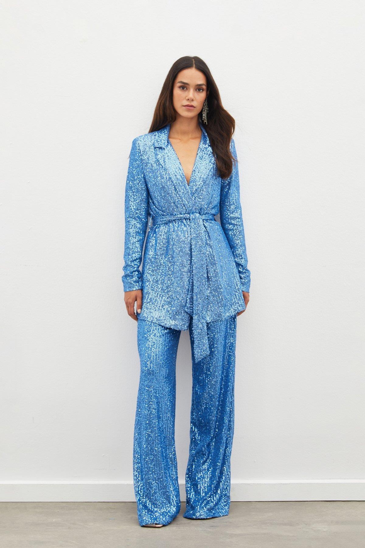 Wholesale Women's Indigo Sequined Trousers with Belt 0033-2089-5518