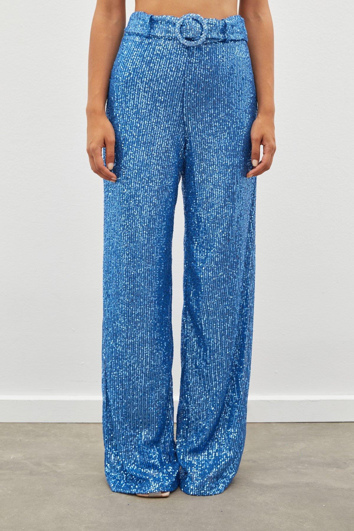 Wholesale Women's Indigo Sequined Trousers with Belt 0033-2089-5518