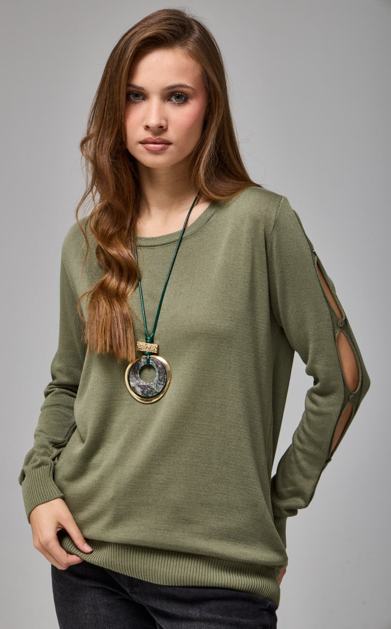 Wholesale Women's Khaki Buttoned Cut-Out Sleeve Knit Sweater 0037-3727