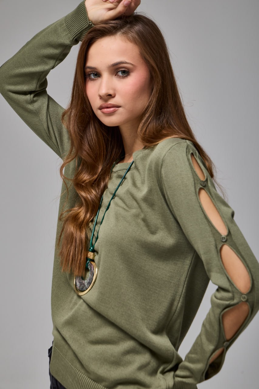 Wholesale Women's Khaki Buttoned Cut-Out Sleeve Knit Sweater 0037-3727