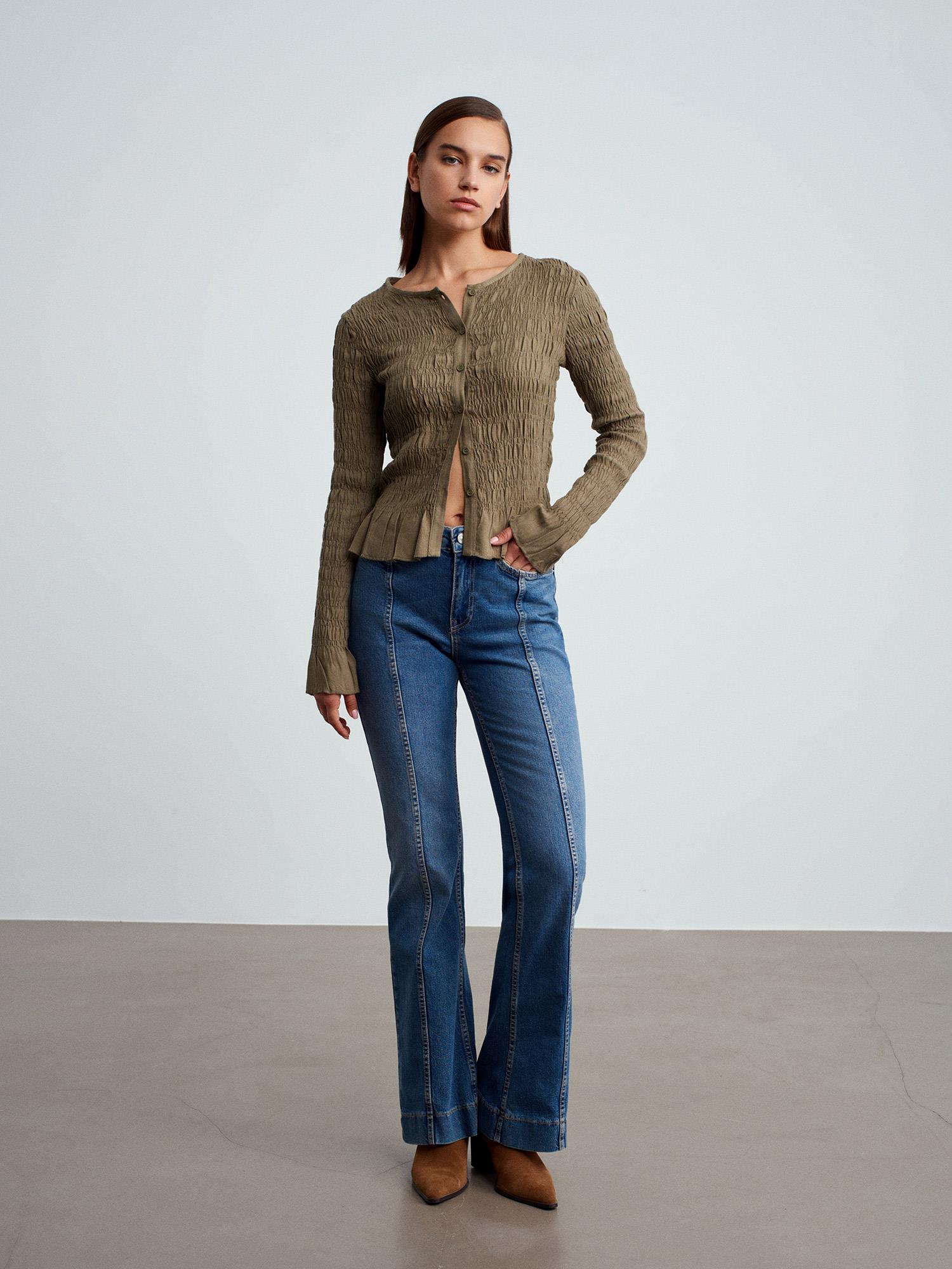 Wholesale Women's Khaki Buttoned Shirred Knit Top 0431-50926