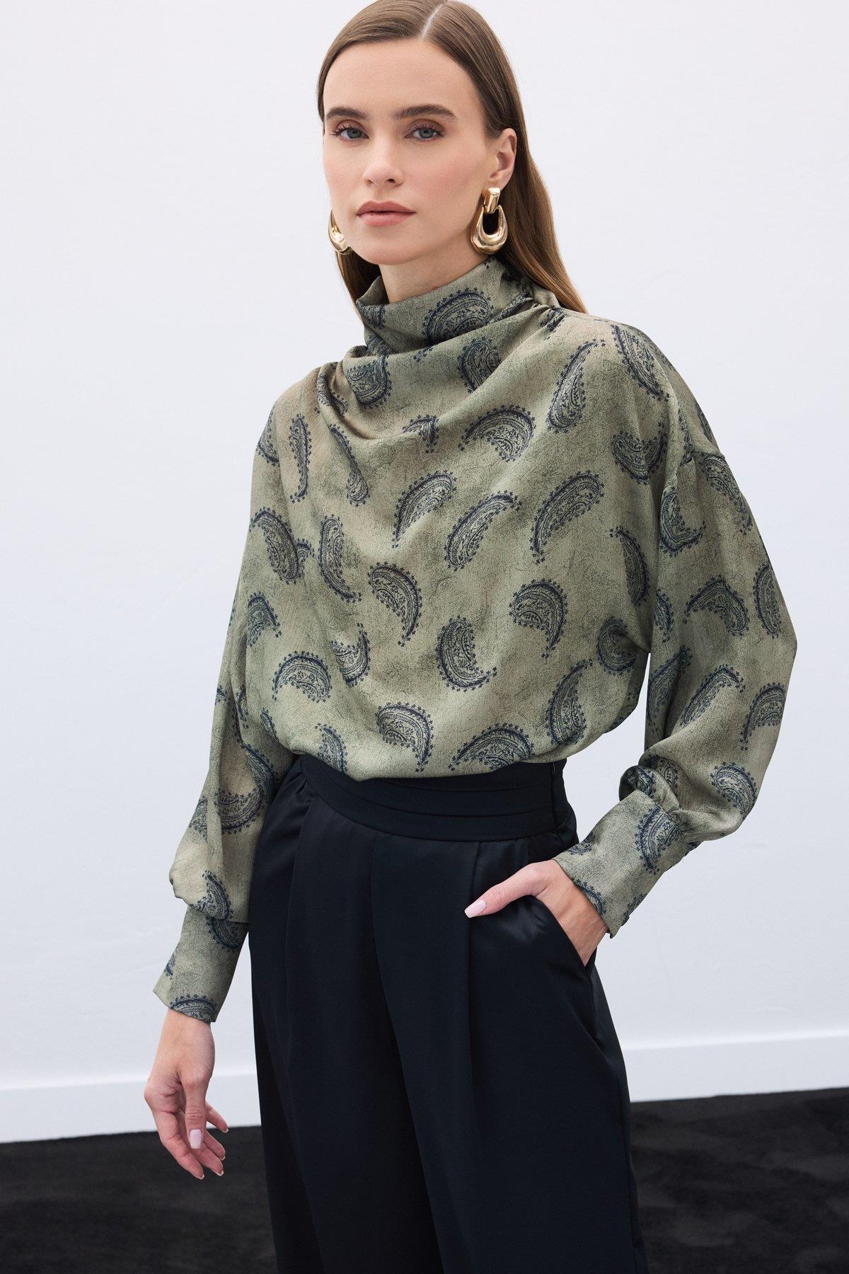 Wholesale Women's Khaki Cowl-Neck Patterned Blouse 0033-1907-1605