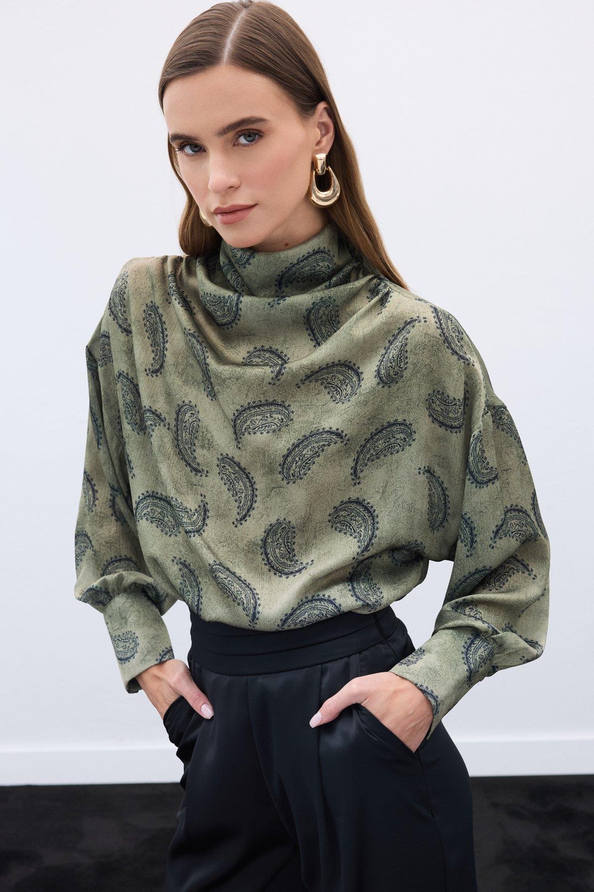 Wholesale Women's Khaki Cowl-Neck Patterned Blouse 0033-1907-1605