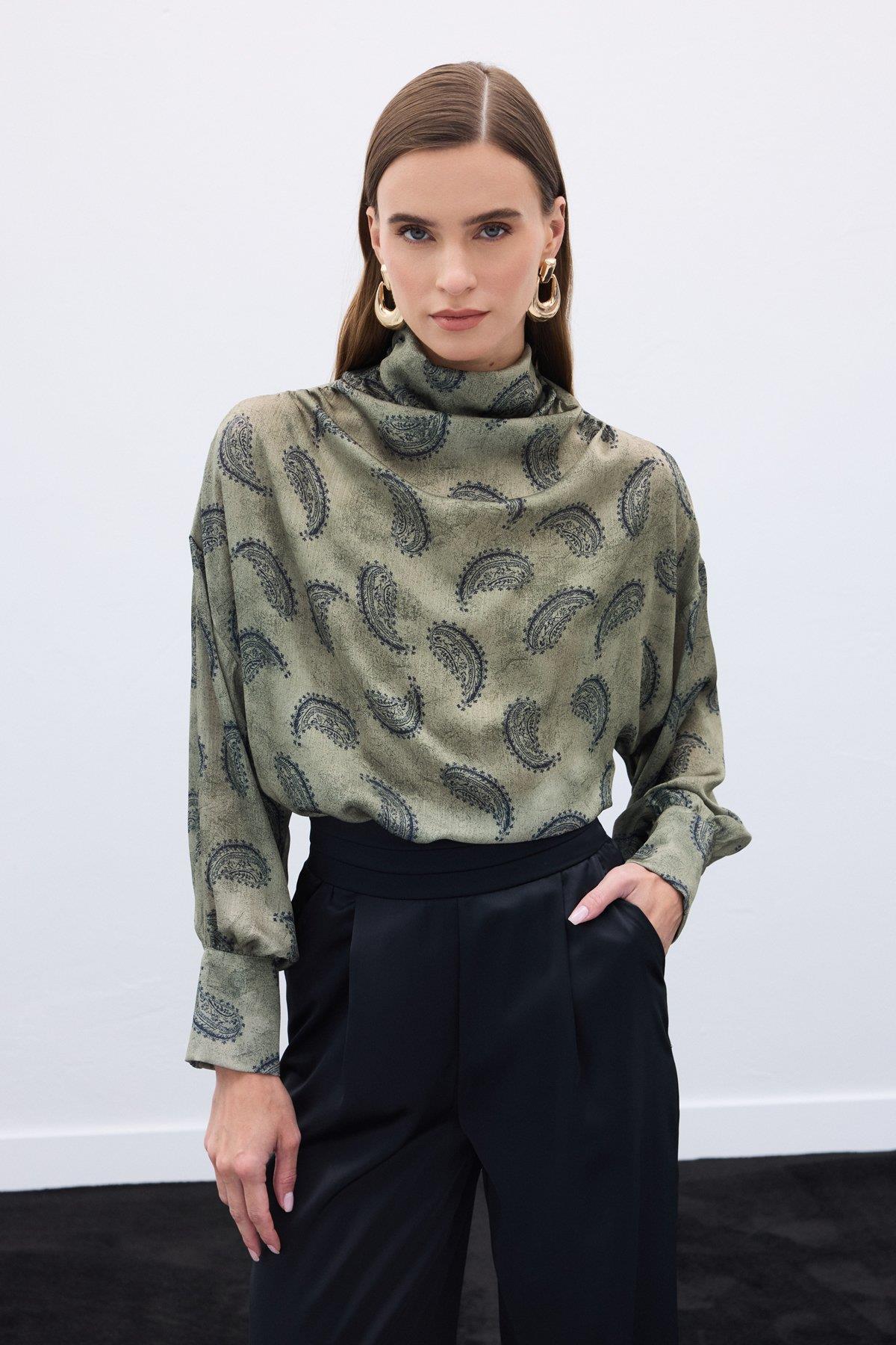 Wholesale Women's Khaki Cowl-Neck Patterned Blouse 0033-1907-1605