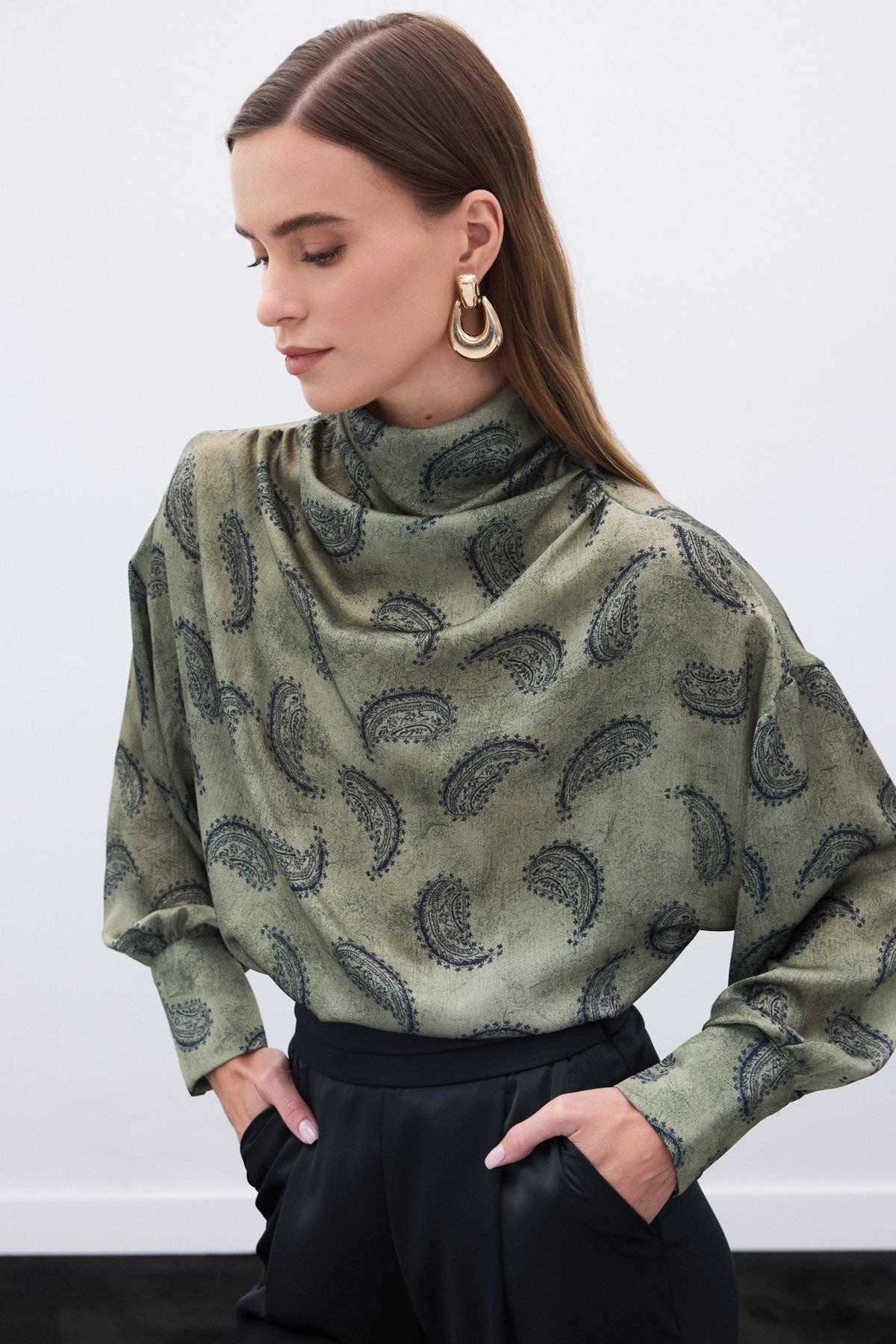 Wholesale Women's Khaki Cowl-Neck Patterned Blouse 0033-1907-1605