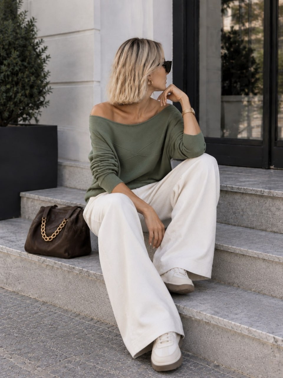 Wholesale Women's Khaki Fine Knit Sweater with Boat Neck and Drop Shoulders 0037-8540