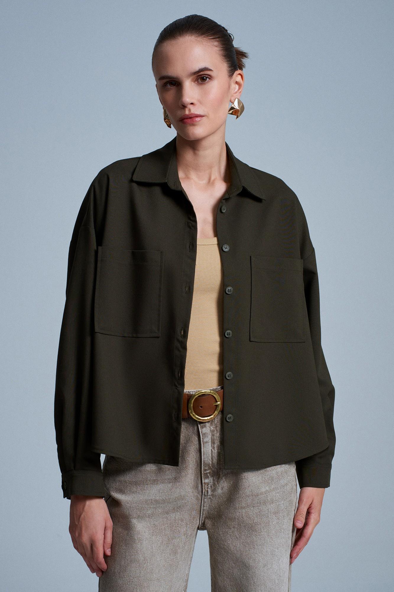 Wholesale Women's Khaki Oversized Shirt with Patch Pockets 0431-50522