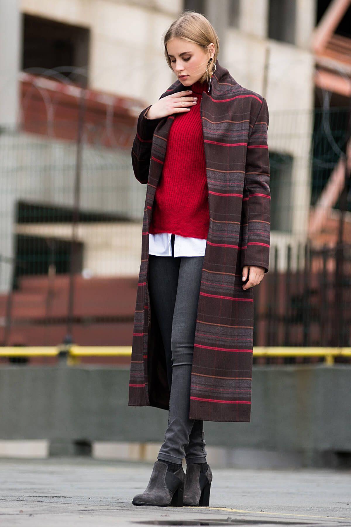 Wholesale Women's Light Brown Checkered Red Striped Coat