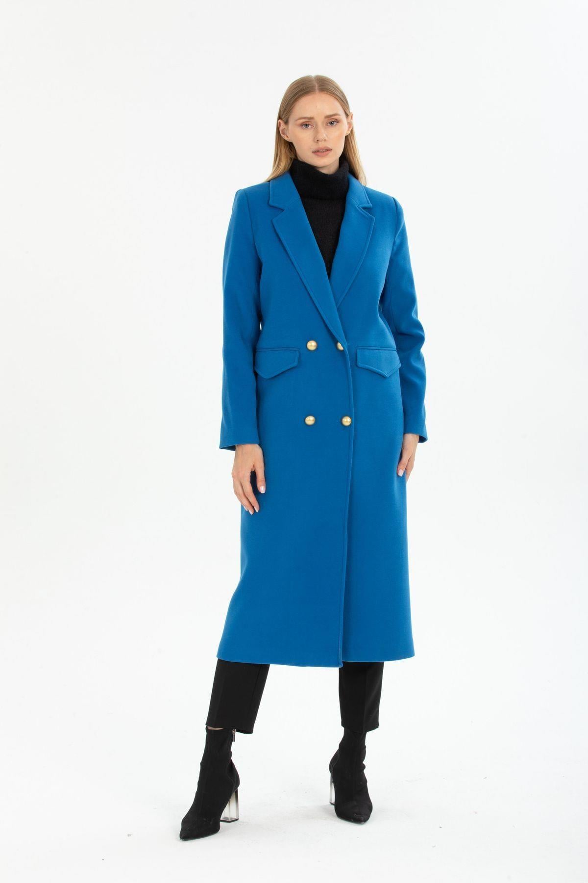 Wholesale Women's Light Cobalt Gold Buttoned Coat