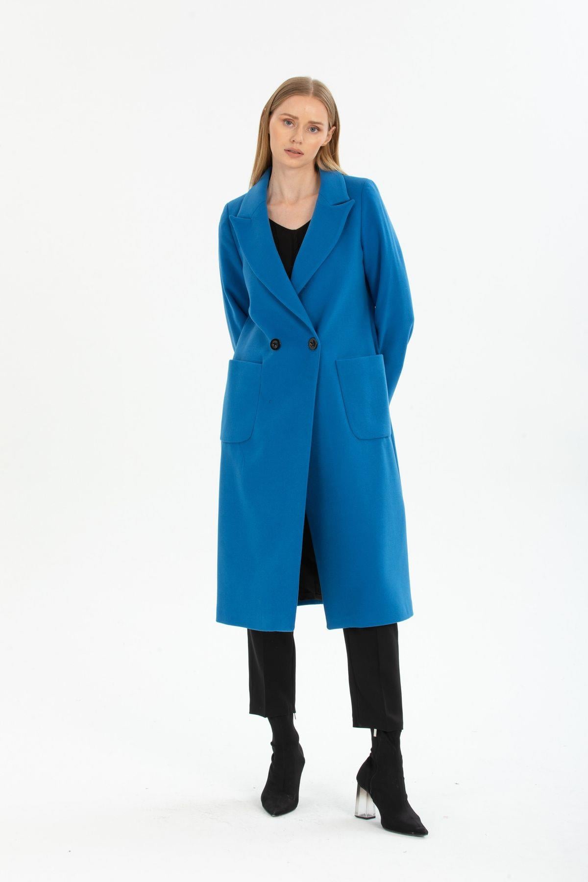 Wholesale Women's Light Cobalt Wool Buttoned Coat