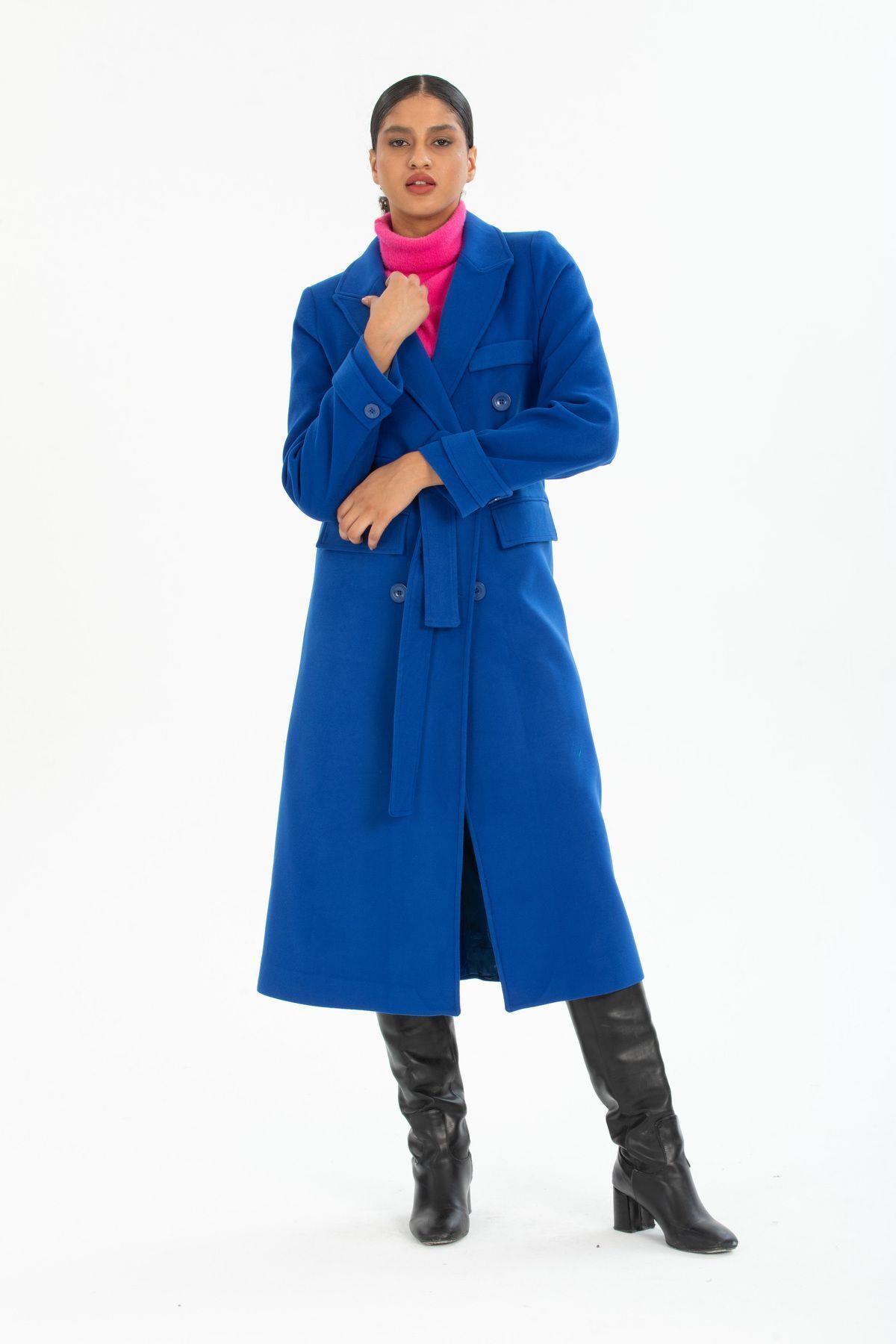 Wholesale Women's Light Cobalt Wool Buttoned Belted Pocketed Coat