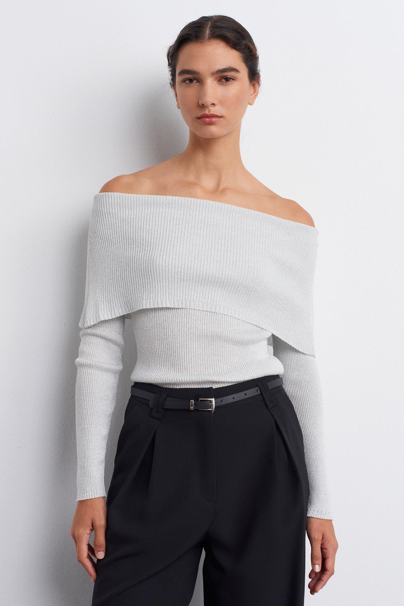 Wholesale Women's Light Gray Lurex Ribbed Knit Sweater with Carmen Collar 0431W26-10808